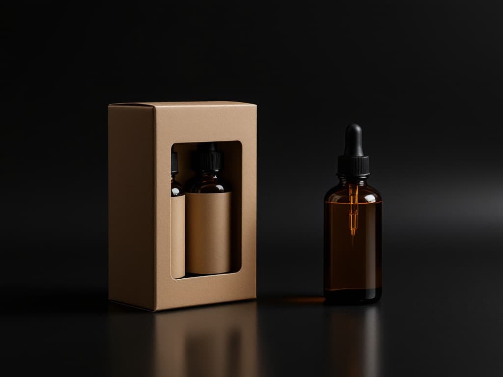 A three-pack in a kraft box beside a single amber bottle, lit from one side.