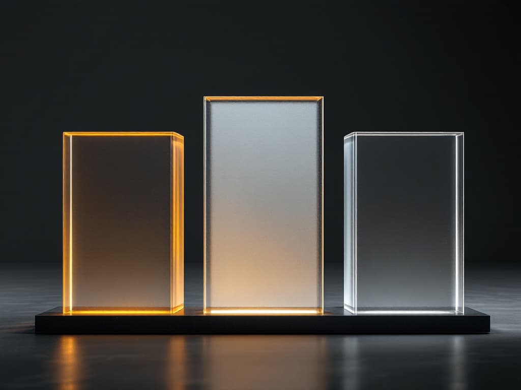 Three frosted glass slabs of rising height, the middle one lit amber.